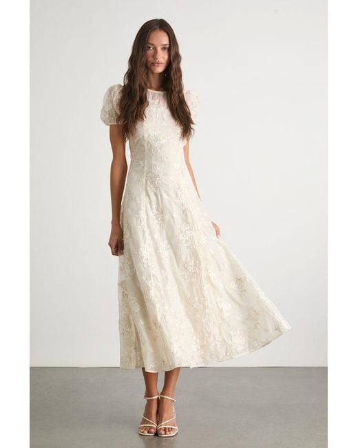 Lulus Natural Elfrieda Cream Floral Embroidered Puff Sleeve Midi Dress