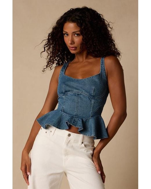 Lulus Blue Darby Medium Wash Denim Peplum Top