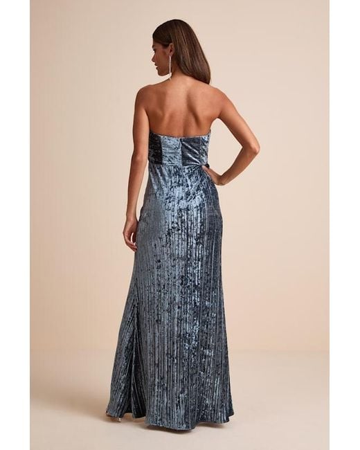 Lulus Blue Classy Sensation Slate Velvet Pleated Strapless Maxi Dress