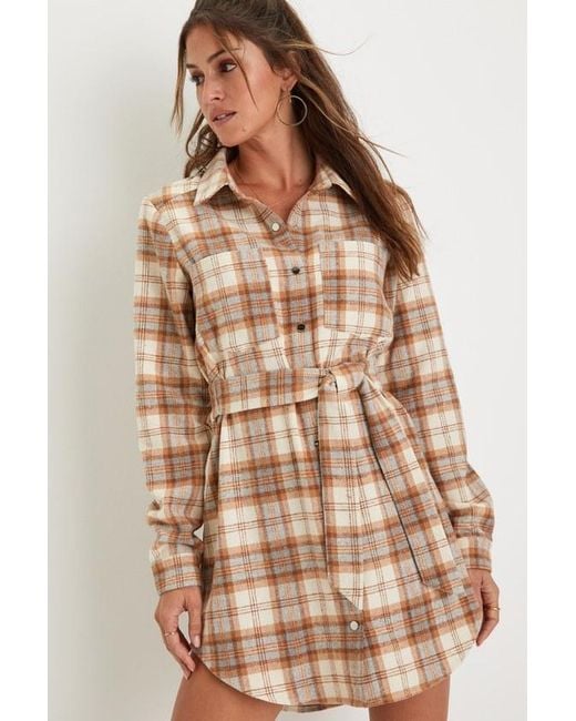 Lulus Natural Plaid Behavior And Plaid Long Sleeve Mini Dress