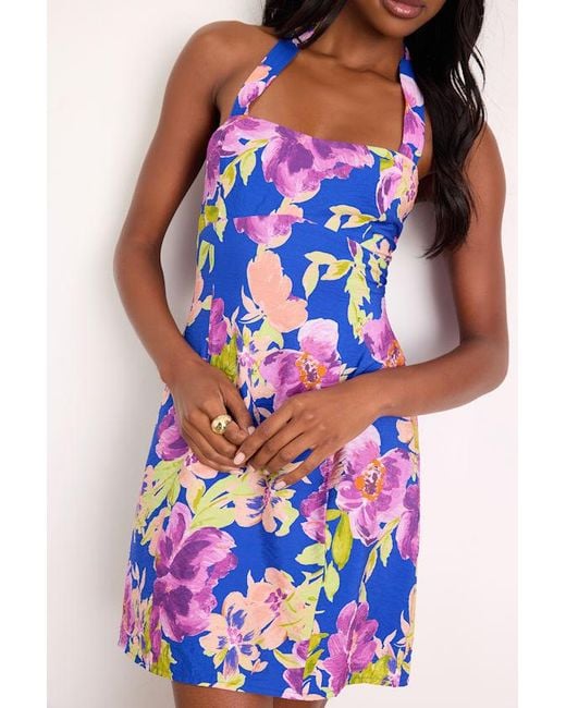 Lulus Blue Dory Multi Floral Halter Mini Dress