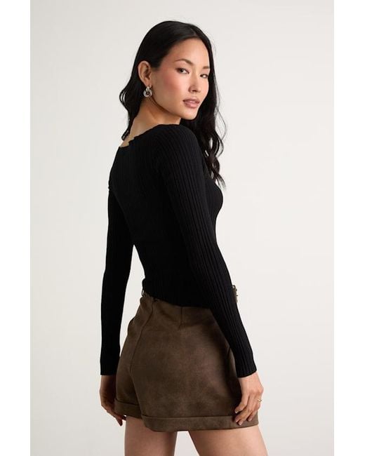 Lulus Black Yanis Ribbed Asymmetrical Cutout Long Sleeve Top