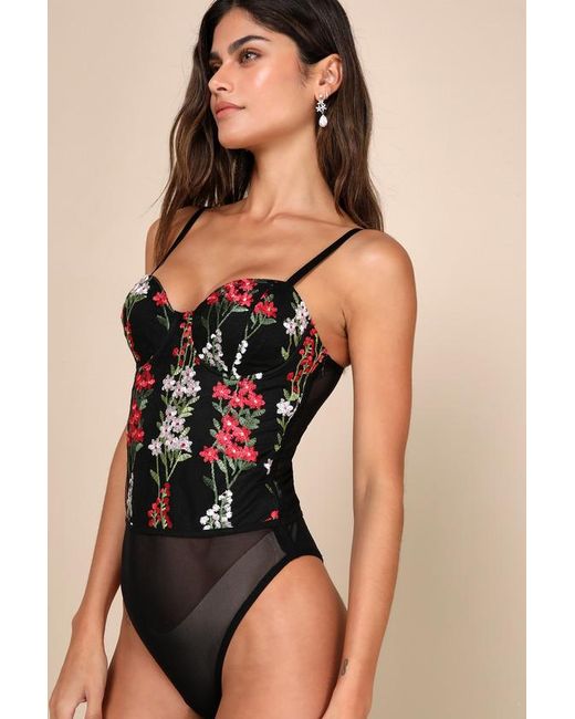Lulus Black Essence Of Elegance Embroidered Bustier Bodysuit