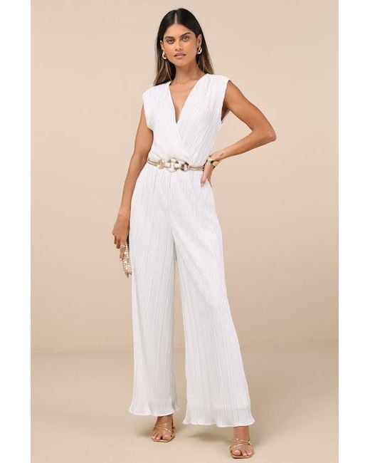 Lulus Natural Firenze Plisse Surplice Sleeveless Wide-Leg Jumpsuit