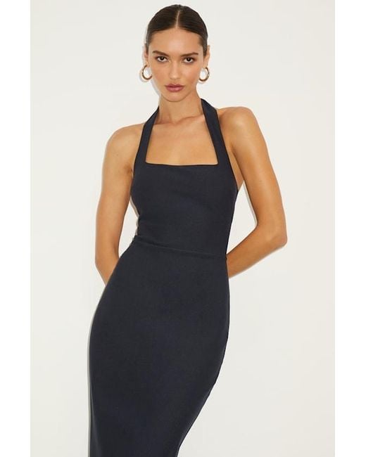 Lulus Blue Londa Dark Halter Neck Trumpet Midi Dress
