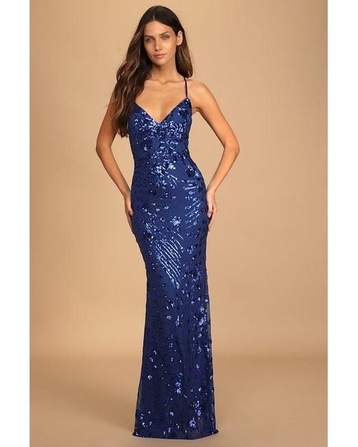 Lulus Blue Photo Finish Sequin Lace-Up Maxi Dress