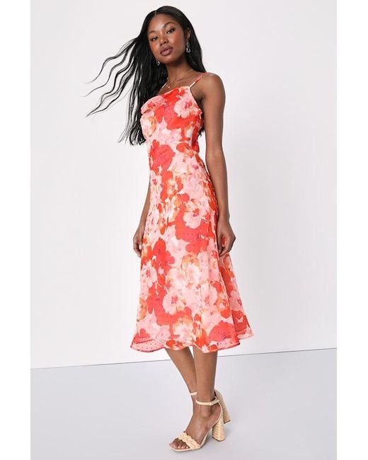 Lulus Red Fabulous Destiny Floral Swiss Dot Cowl Neck Midi Dress