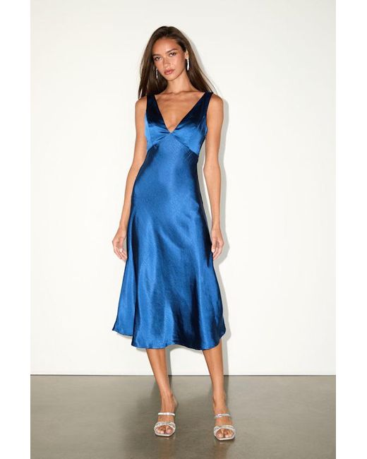 Lulus Blue Incredible Love Satin Cowl Back Midi Slip Dress