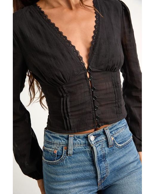Lulus Black Keyra Button-Front Balloon Sleeve Crop Top