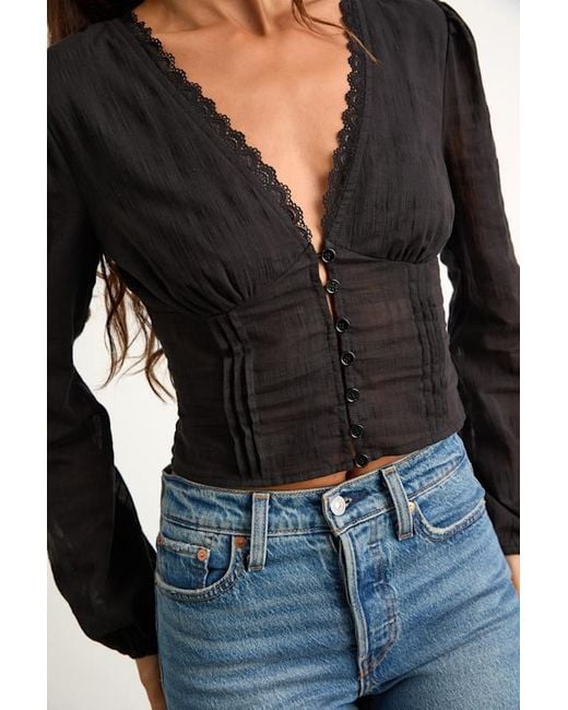 Lulus Black Keyra Button-Front Balloon Sleeve Crop Top