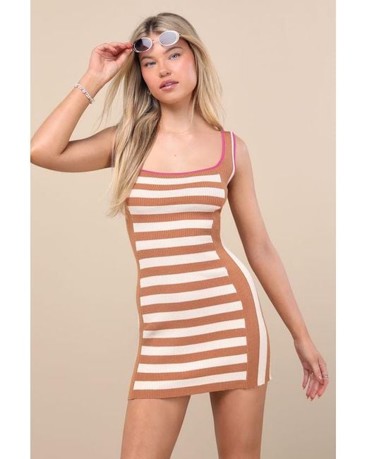 Lulus Natural Moyna Striped Ribbed Mini Sweater Dress
