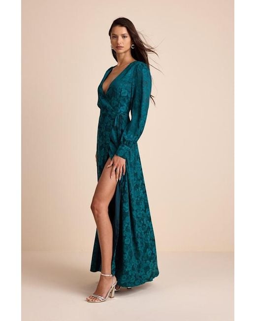 Lulus Blue Maryn Satin Jacquard Wrap Maxi Dress