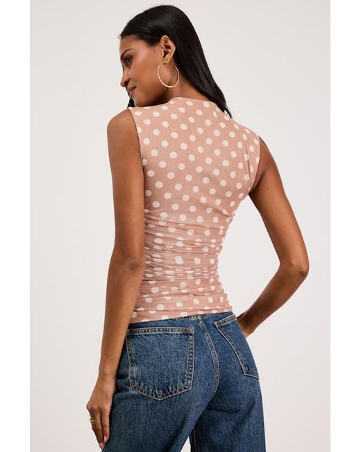 AFRM LOS ANGELES Blue Kinsley Polka Dot Mesh Mock Neck Tank Top