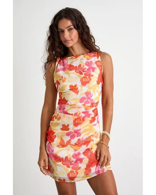 Lulus Red Roanes Floral Boat Neck Pleated Mini Dress