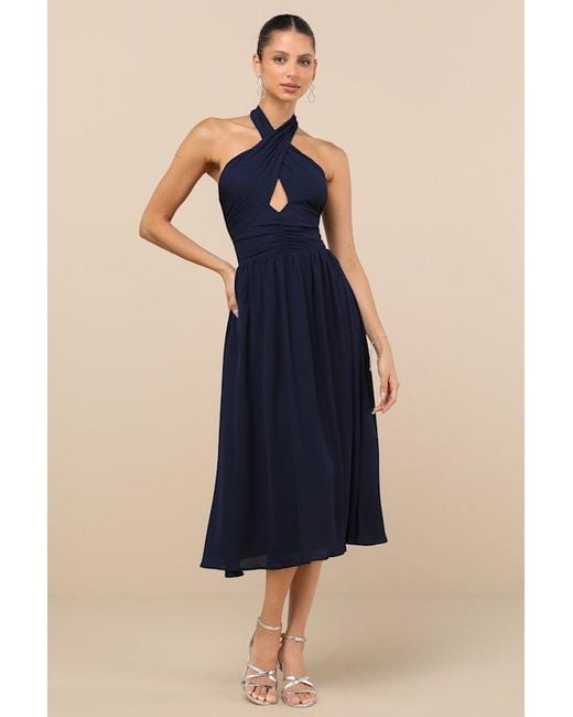 Lulus Emrah Cross-Front Cutout Halter Midi Dress in Blue | Lyst