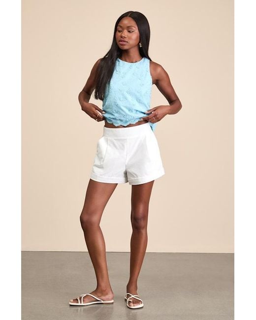 Lulus Blue Pleasant Personality Floral Embroidered Crew Neck Tank Top