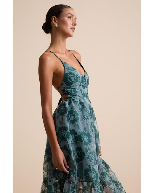 Lulus Blue Feeling Like Forever Jacquard Organza Lace-Up Midi Dress