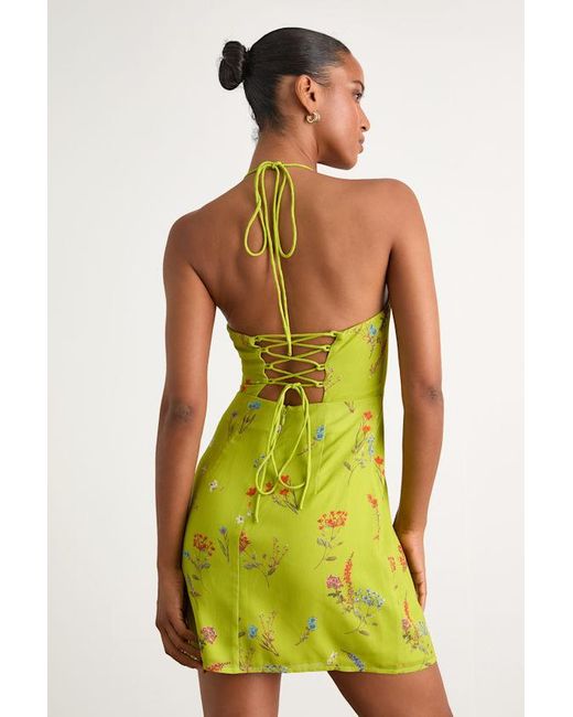 Lulus Yellow Catch The Bouquet Lime Floral Halter Lace-Up Mini Dress
