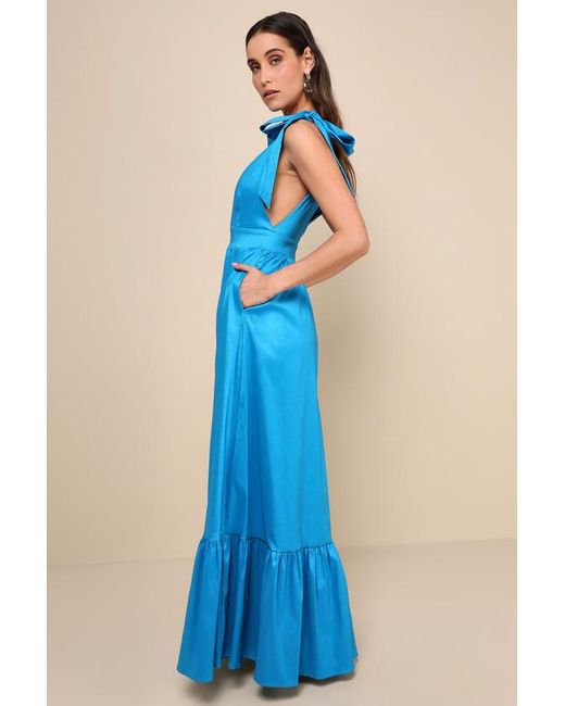 Lulus Blue Rare Charm Taffeta Tie-Strap Maxi Dress With Pockets