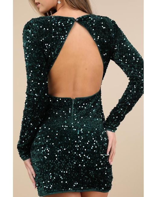 Lulus Black Marvelous Radiance Emerald Sequin Cutout Long Sleeve Mini Dress