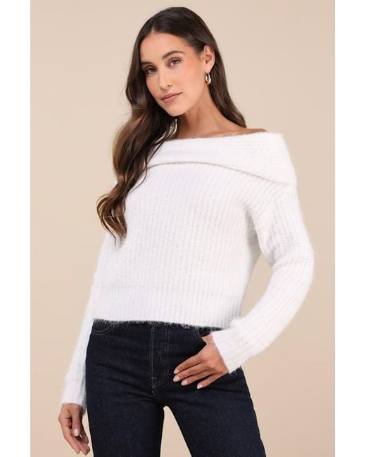 Fuzzy white off the shoulder sweater online