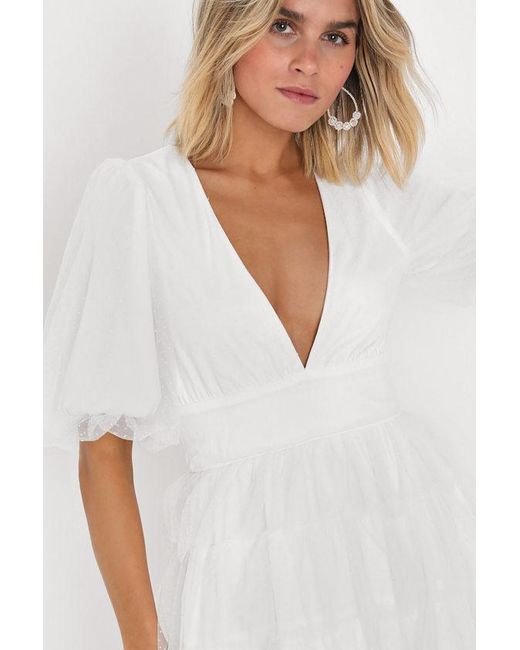 Lulus White Dramatic Poise Dot Tulle Puff Sleeve Tiered Mini Dress