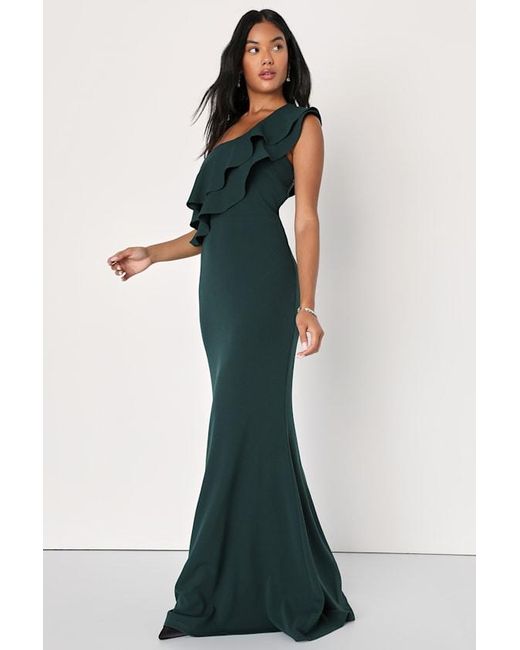 Lulus Blue Grand Beauty Emerald Ruffled One-Shoulder Mermaid Maxi Dress