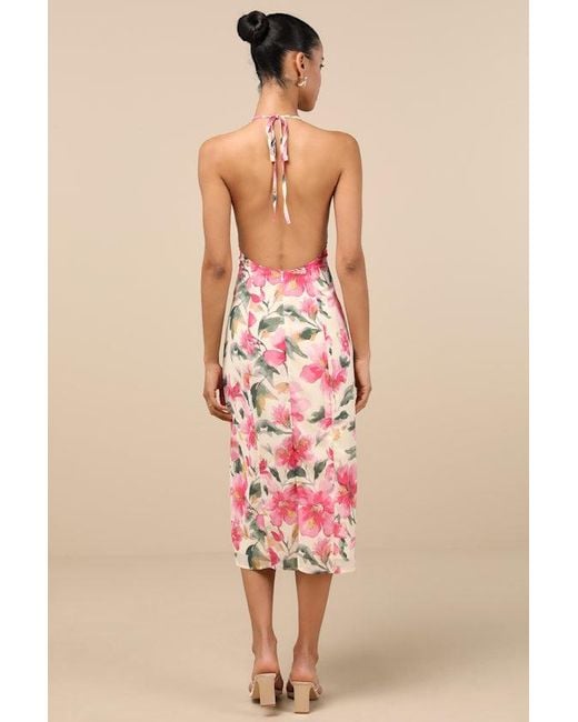Lulus Pink Harleigh Floral Column Halter Midi Dress