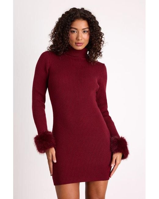 Lulus Red Labelle Ribbed Faux Fur Sweater Mini Dress