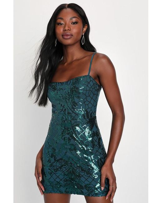 Lulus Blue Sparkling Magic Emerald Sequin Lace-Up Mini Dress