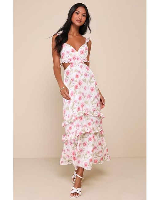 Lulus Pink Spectacularly Gorgeous Floral Cutout Ruffled Maxi Dress