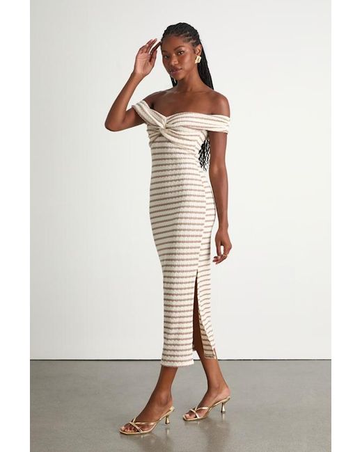 Lulus White Baia And Taupe Striped Off-The-Shoulder Midi Dress