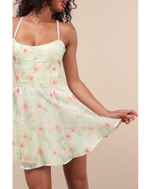Lulus Natural Armelle Light Floral Lace-Up Mini Dress