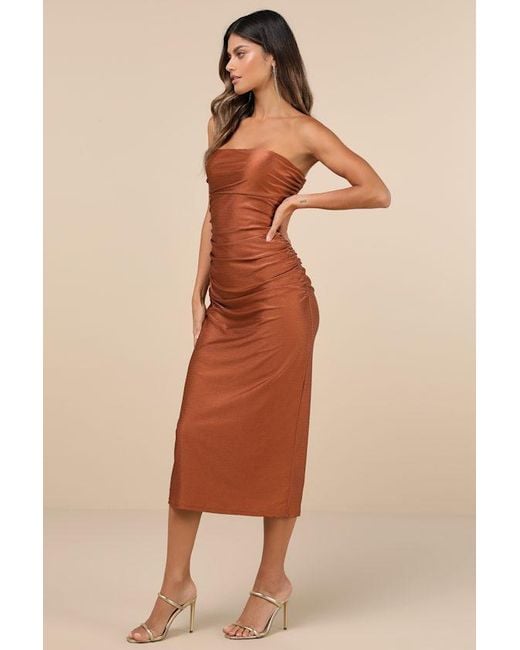 Lulus Natural Gorgeous Reputation Copper Strapless Ruched Midi Dress