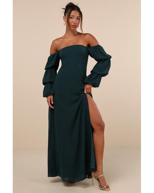 Lulus Blue Demure Aura Emerald Tiered Balloon Sleeve Off-The-Shoulder Dress