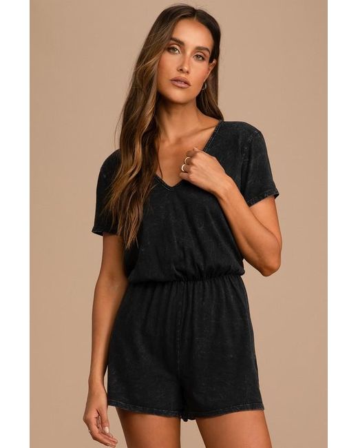 Lulus Black Casual Cutie Washed Short Sleeve Romper