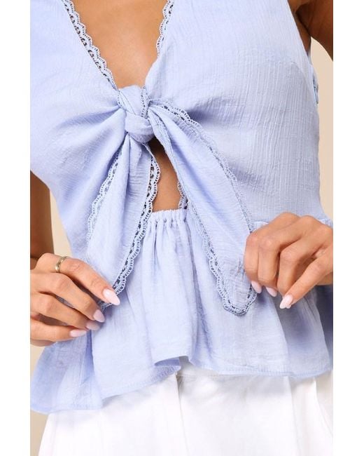 Lulus Blue Admirable Cutie Tie-Front Ruffled Sleeveless Top