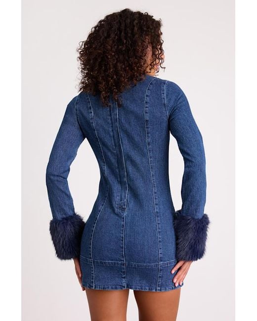 Show Me Your Mumu Blue Rockefeller Medium Wash Denim Faux Fur Mini Dress