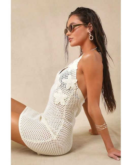 Lulus Natural Beachy Tidings Cream Crochet Halter Mini Swim Cover-Up