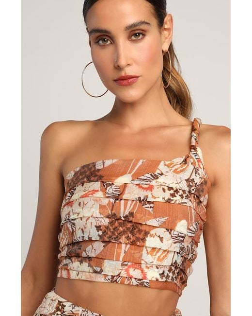 Lulus Brown Something Wild Multi Print Pleated One-Shoulder Crop Top