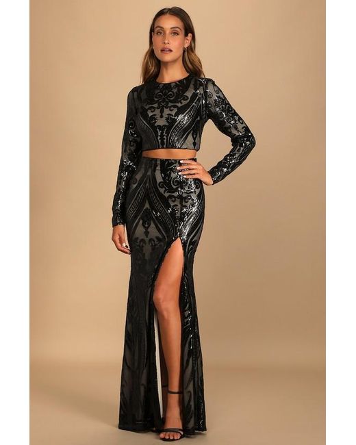 Lulus Luxe Aesthetic Sequin Long Sleeve Two-Piece Maxi Dress in Black ...