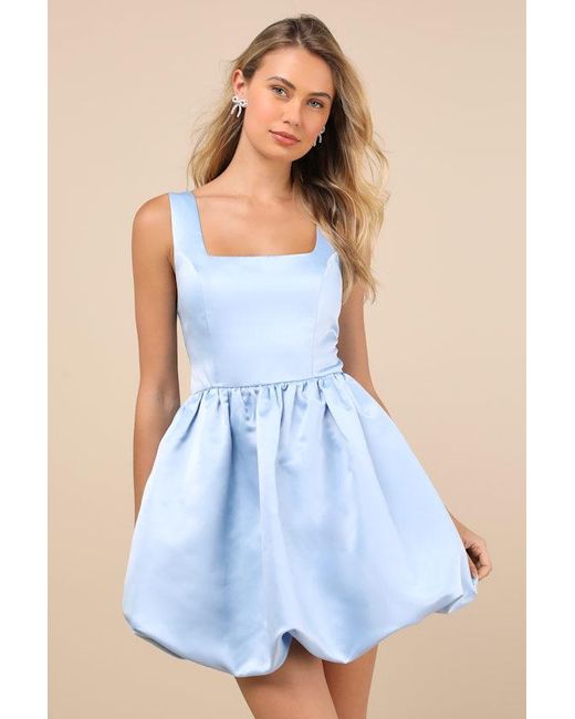 Lulus Blue Regal Cutie Satin Square Neck Bubble-Hem Mini Dress