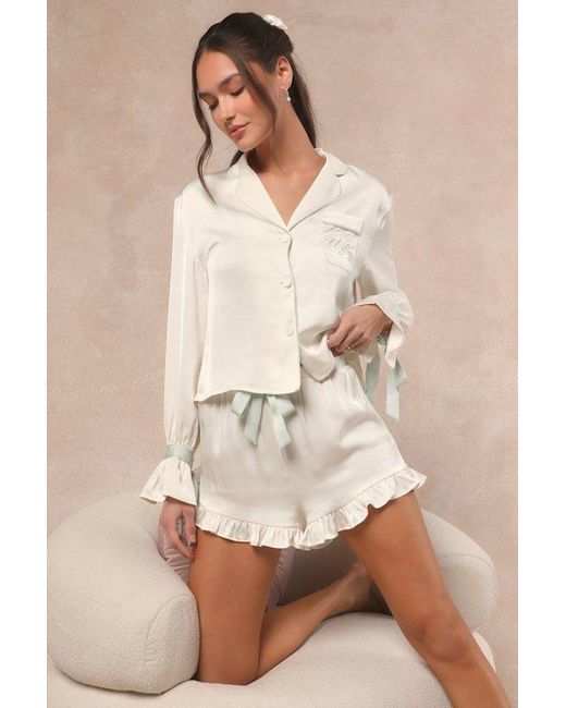 Lulus Natural Kelda And Sage Satin Embroidered Two-Piece Pajama Set