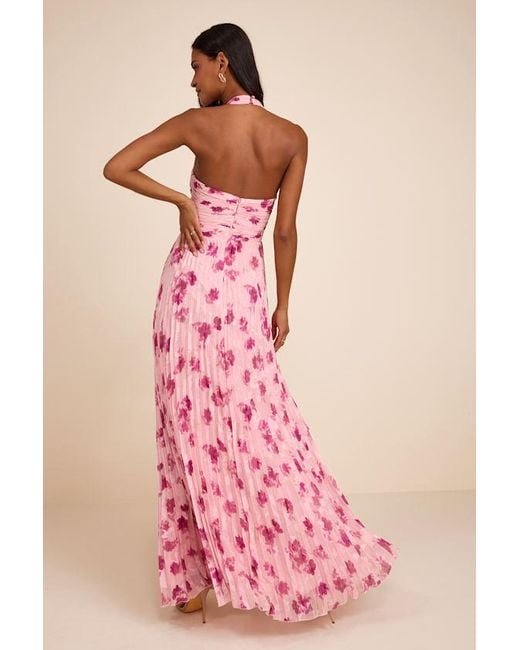 Lulus Pink Krystal Floral Pleated Halter Maxi Dress