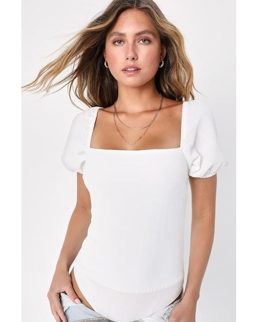 Lulus White Abundance Of Love Textured Puff Sleeve Tie-Back Bodysuit