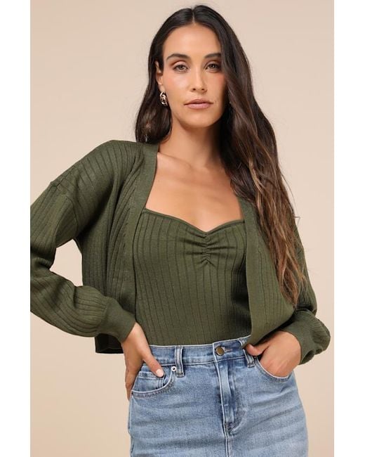 Lulus Green Cutest Duet Knit Cami Top And Cardigan Sweater Set