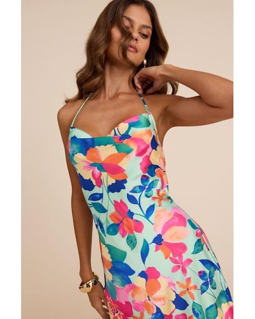 Lulus Blue Elevated Effect Mint Multi Floral Satin Halter Slip Mini Dress