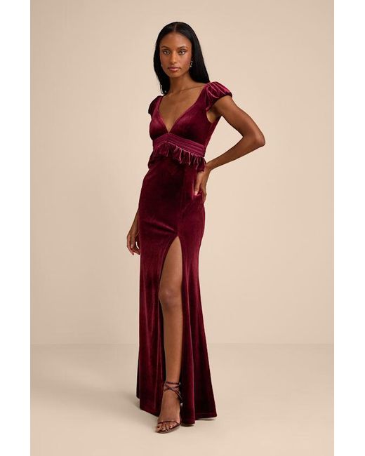 Lulus Romari Velvet Ruffled Puff Sleeve Bow Maxi Dress in Red | Lyst