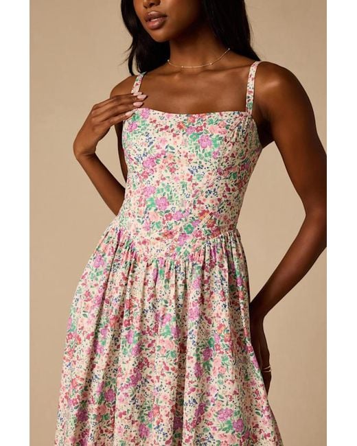 Lulus Pink Dinette Multi Floral Basque Waist Midi Dress