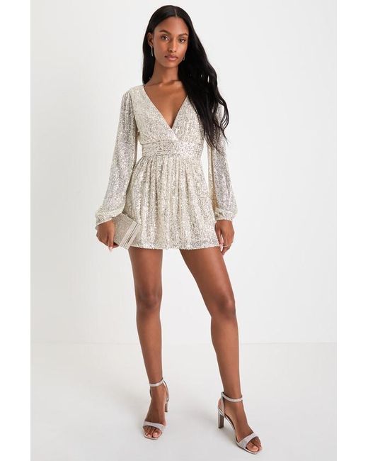 Lulus Natural Watch Me Shine Sequin Plunge Long Sleeve Romper
